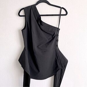 CLUB MONACO ASYMMETRICAL OFFRI TOP TIE WAIST EDGY FORMAL CHIC ELEGANT Black